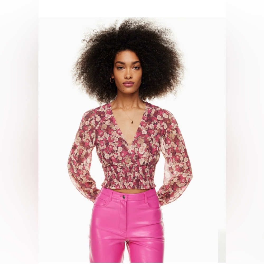 Aritzia Pink Floral Long-Sleeve Smocked Waist Blouse
